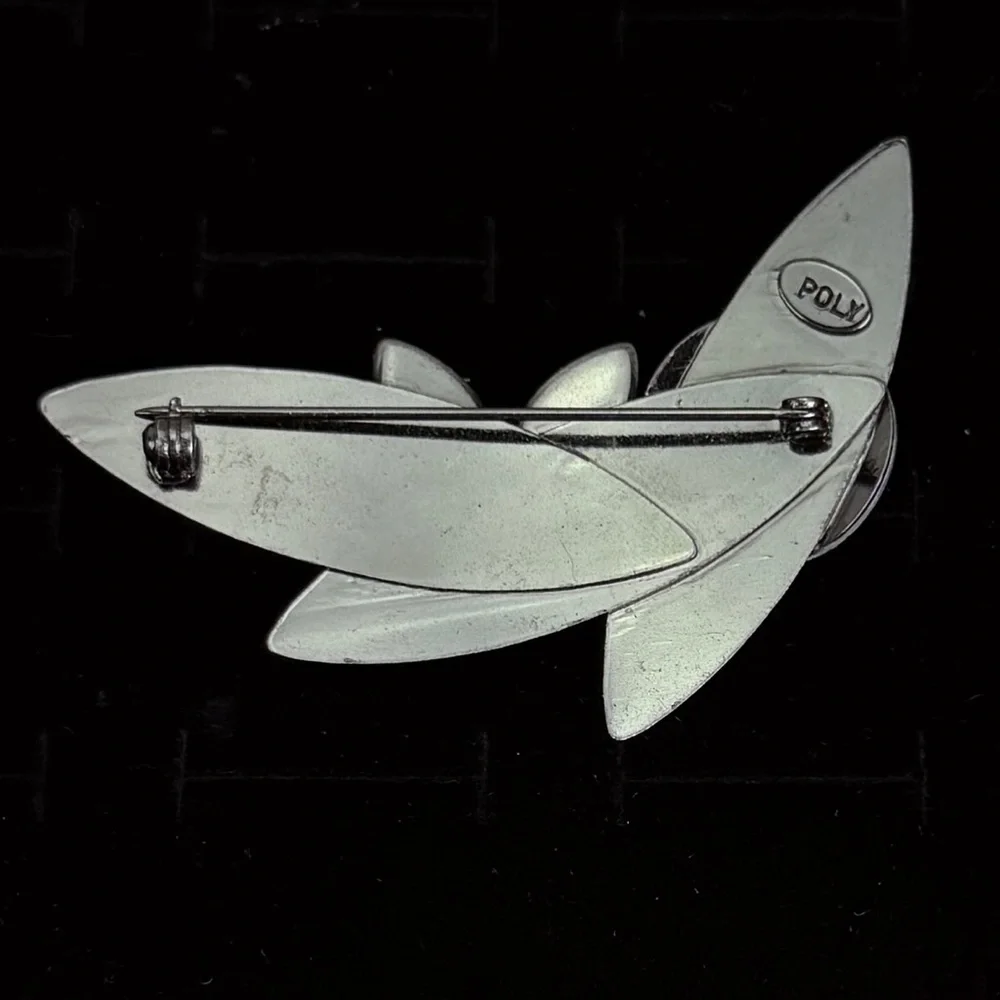 Silvertone Green modernist Christophe Poly Brooch Pin